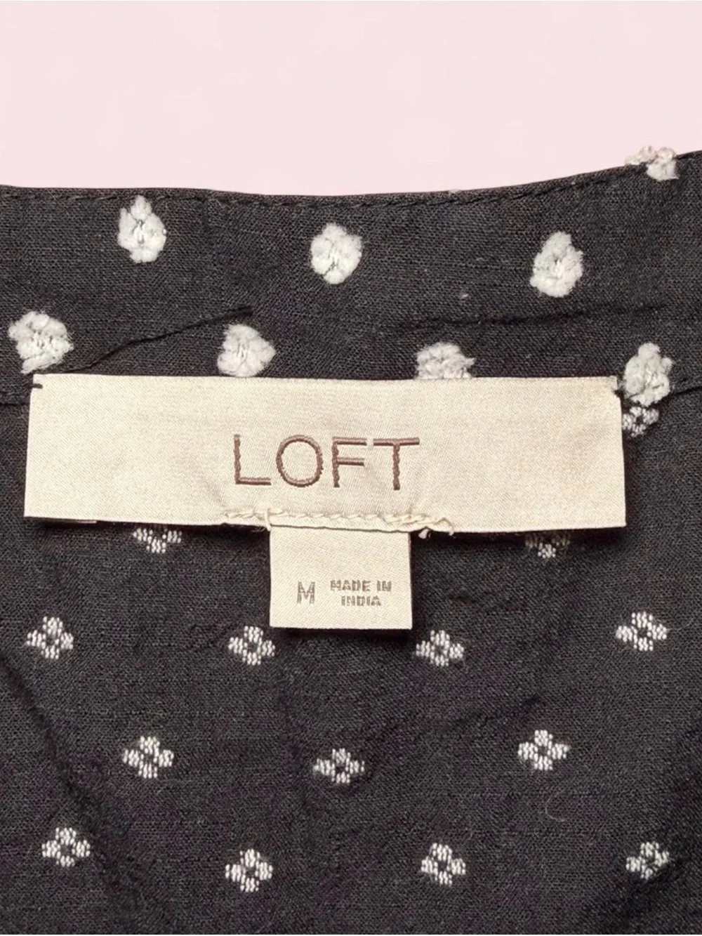 LOFT Polka Dot Tie Front Blouse M Black White Puff Sleeve Cottagecore Pinup Top